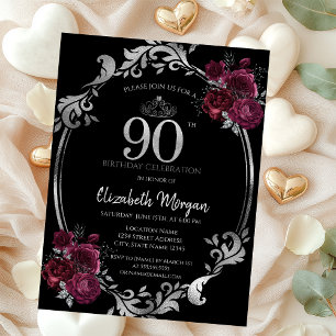 Convites Moldura Prateada Rosas Borgonha 90º Aniversário
