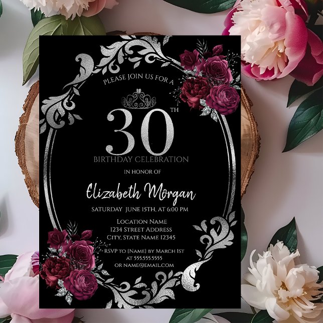 Convites Moldura Prateada Rosas Borgonha Aniversário de 30  (Criador carregado)
