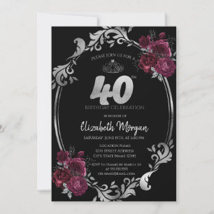 Convites Moldura Prateada Rosas Borgonha Preto 40º Aniversá