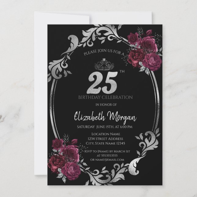 Convites Moldura Prateada Rosas Borgonha Preto Aniversário  (Frente)