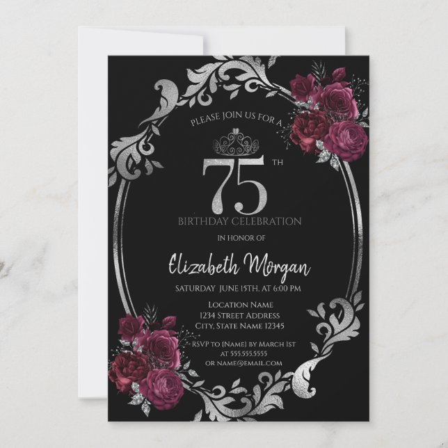 Convites Moldura Prateada Rosas Borgonha Preto Aniversário  (Frente)