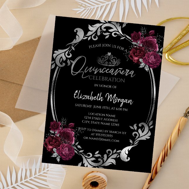 Convites Moldura Prateada Rosas Burgundy Preto Quinceañera (Criador carregado)