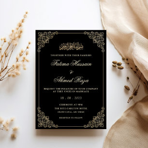 Convites Moldura Rococó Dourada Casamento Muçulmano Preto