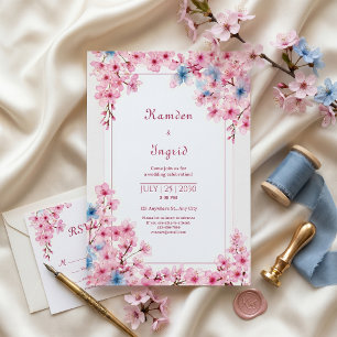 Convites Moldura Romântica Rosa Sakura Vinca Azul Casamento
