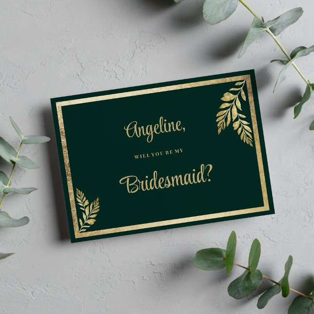 Convites Moldura verde-escura de ouro de luxo Bridesmaid (Luxury dark green golden leaf frame Bridesmaid )
