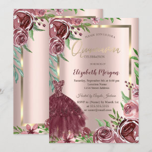Convites Moldura, Vestido de Rosas Burgundy Rose Gold Quinc
