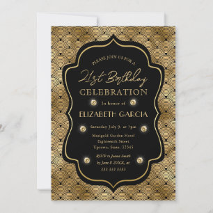 Convites Moldura Vintage Art Déco Preto e Dourado Aniversár