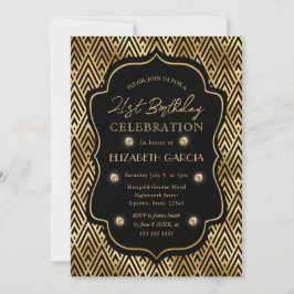 Convites Moldura Vintage Art Déco Preto e Dourado Aniversár