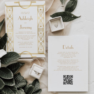 Convites Moldura Vintage Deco Dourada Código QR Casamento B
