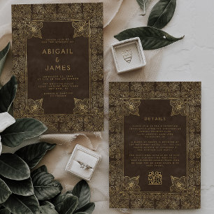 Convites Moldura Vintage Marrom Dourado Código QR Casamento