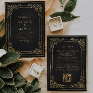 Convites Moldura Vintage Preto Dourado Código QR Casamento