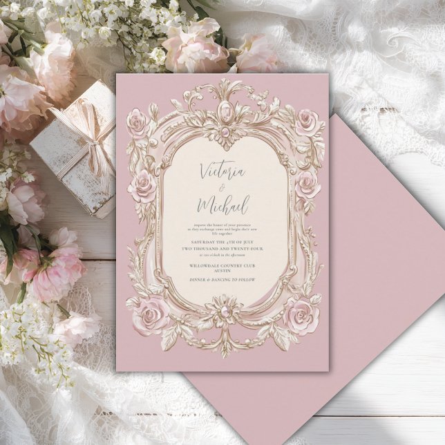 Convites Moldura Vintage Rosa Casamento Elegante (Criador carregado)