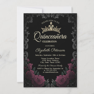 Convites Moldura Vintage Rosas Vermelhas Escuras Quinceañer