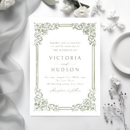 Convites Moldura Vintage Verde Salvia Elegante Casamento
