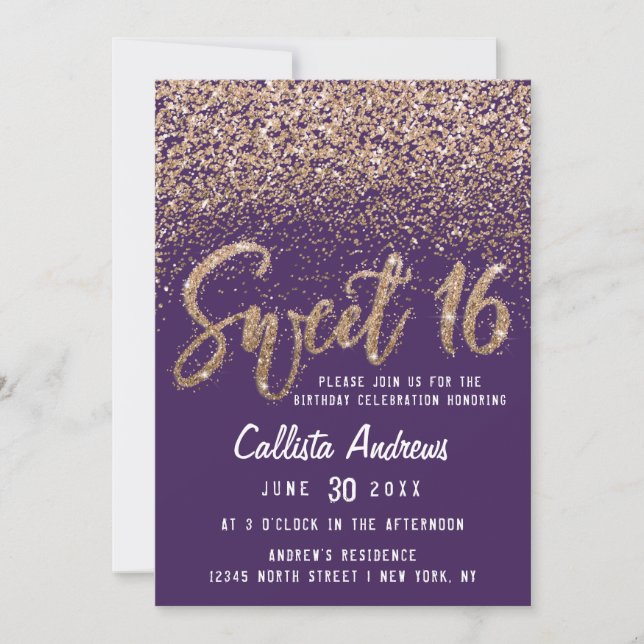 Convites Mole Glitter Fragmentada Violeta Dourada Sweet 16 (Frente)