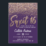 Convites Mole Glitter Fragmentada Violeta Dourada Sweet 16<br><div class="desc">Este design de convite exclusivo e bonito do Sweet 16 apresenta faux impresso, glamouroso, ouro esparso personalizado, tipografia de pincel manuscrito e brilho espalhado em um efeito de gradiente ombre sobre um fundo violeta roxo. Na parte traseira, há uma grande imagem, o número 16. Este elegante, na moda, e design...</div>