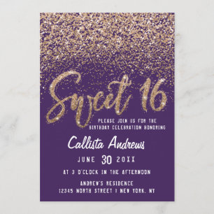 Convites Mole Glitter Fragmentada Violeta Dourada Sweet 16