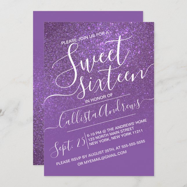 Convites Mole Glitter Violeta Roxa Doce 16 (Frente/Verso)