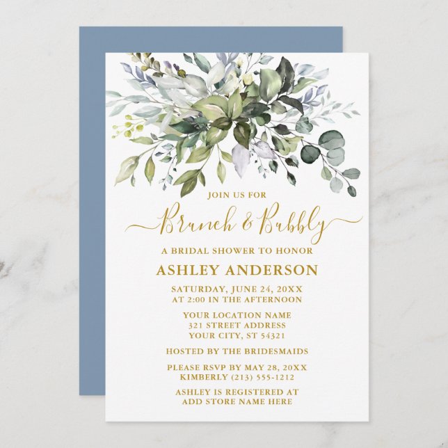 Convites Molercola Venerável Chá de panela Azul Dusty Doura (Frente/Verso)