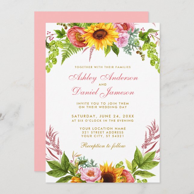 Convites Molereca Floral de Girassol Dourado Casamento Rosa (Frente/Verso)