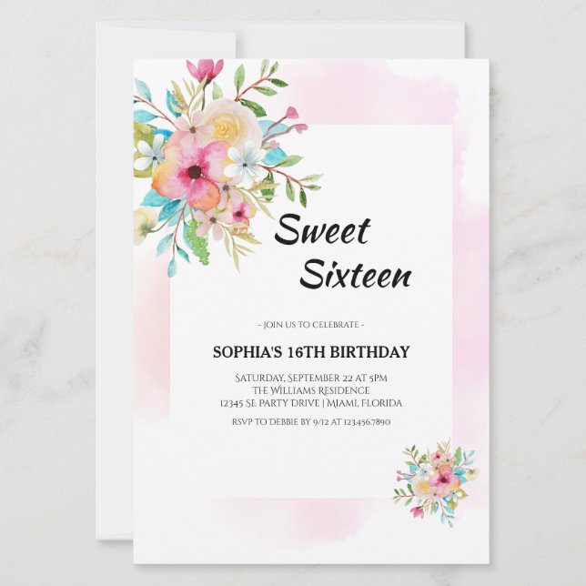 Convites Moléstia Floral de Água Doce Dezesseis com Quadro  (Frente)