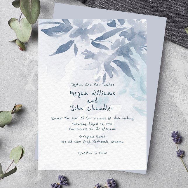 Convites Molho Azul Cama Deixa Casamento (Soft Blue Watercolor Leaves Wedding Invitation)