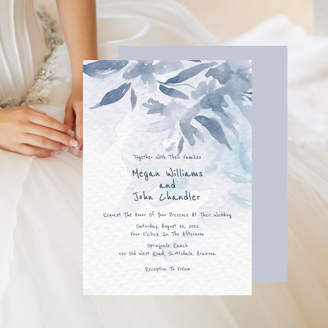 Convites Molho Azul Cama Deixa Casamento (Soft Blue Watercolor Leaves Wedding Invitation - Blue Background)