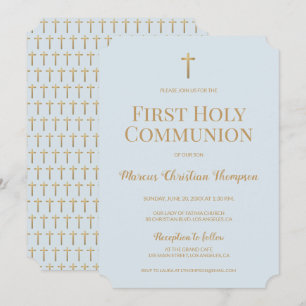 Convites Molho Azul Dourado Cross Boy First Sagrado Communi