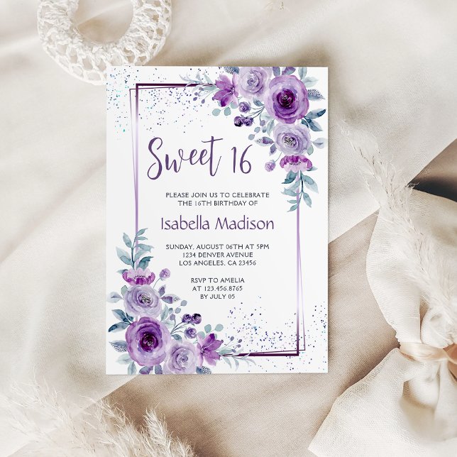 Convites Molho Floral de Frame Puro Rosa de Aquarela Doce 1 (Sweet 16 Watercolor Rose Purple Frame Floral Invitation
)