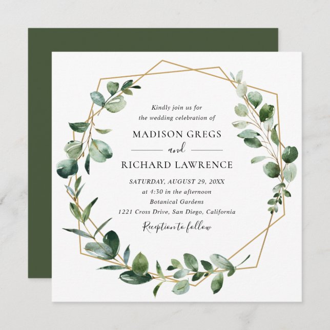 Convites Molody Greenery com Casamento Geométrico Dourado (Frente/Verso)