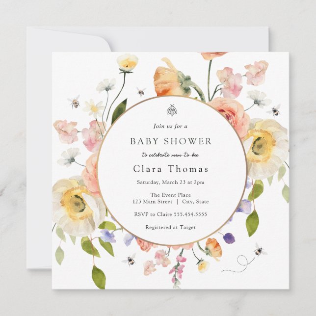 Convites Mom to BEE Floral Baby Shower Invitation (Frente)