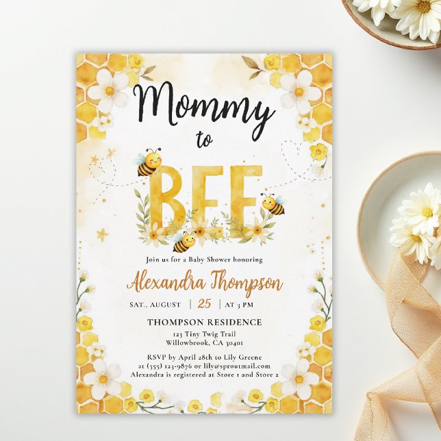 Convites Mommy to Bee Cute Whimsical Floral Baby Shower (mommy to bee themed baby shower invitation spring summer little honey watercolor whimsical floral)