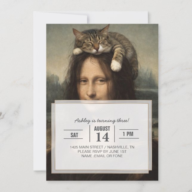 Convites Mona Lisa Com Gato Adormecido (Frente)