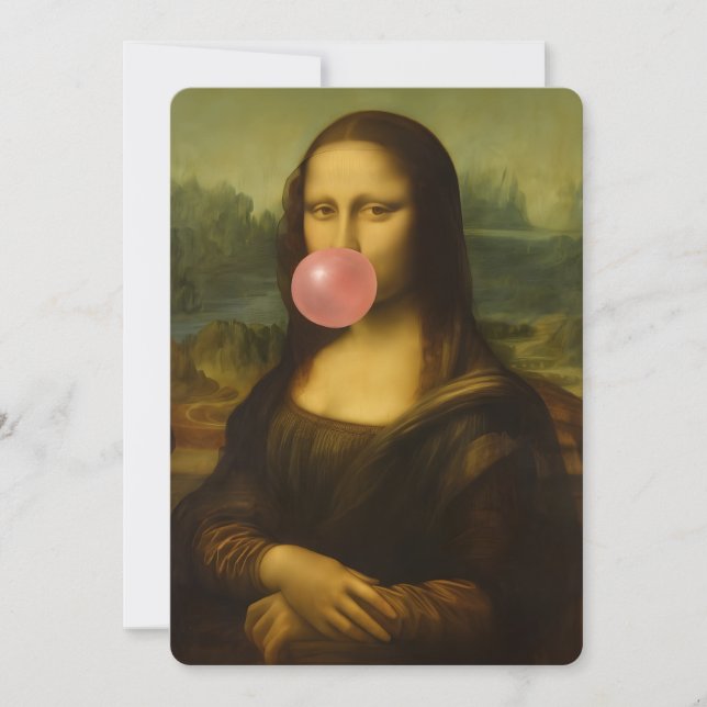 Convites Mona Lisa Piscando Goma-Bolha Rosa (Frente)