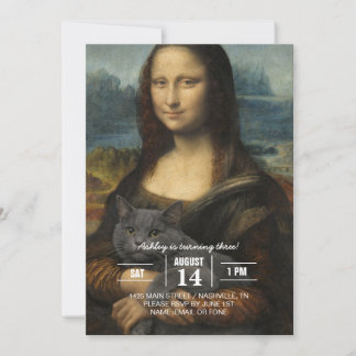 Convites Mona Lisa segurando um gato cinza elegante