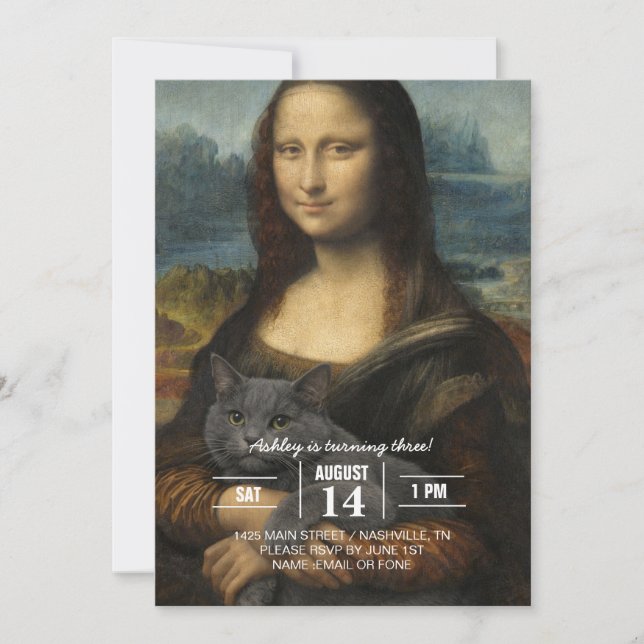 Convites Mona Lisa segurando um gato cinza elegante (Frente)