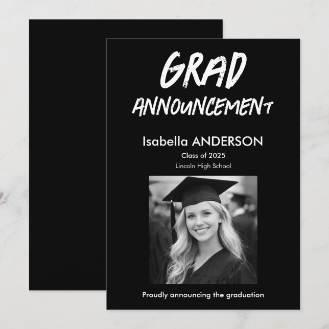 Convites MondernBlack and White Graduation Announcement (Frente/Verso)
