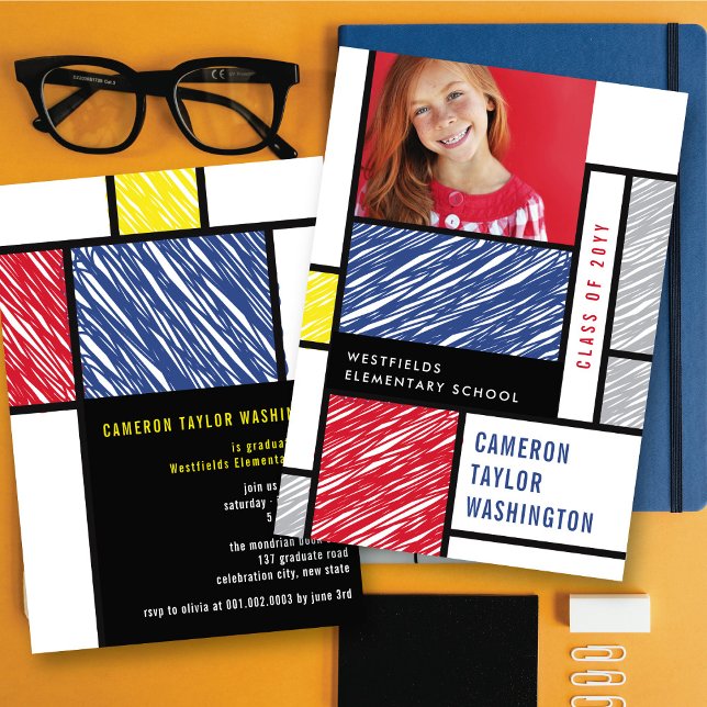 Convites Mondrian Rabiscos Foto Moderna Festa de Formatura (Mondrian Scribbles Modern Photo Graduation Party Invitation by fatfatin @ zazzle.com/color_therapy)