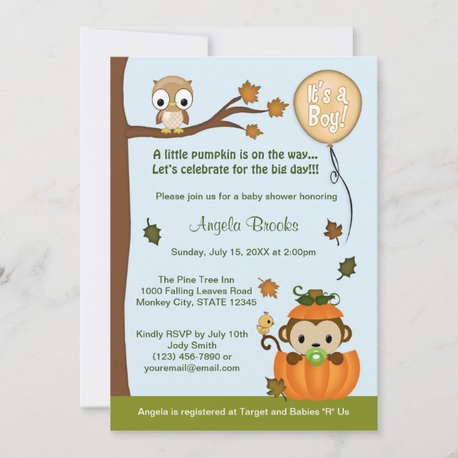 Convites MONKEY Baby Shower Invitation Fall Pumpkin BOY (Frente)