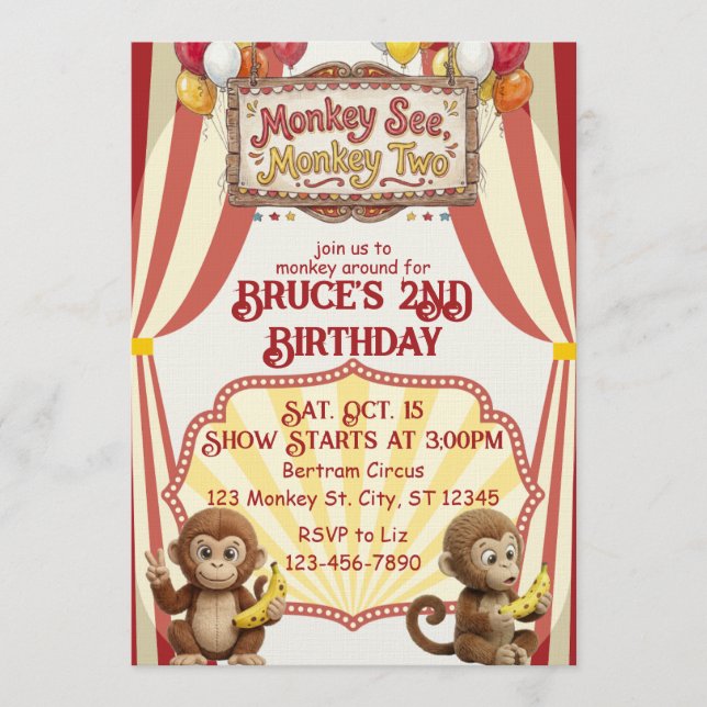 Convites Monkey See Monkey Two, Circus 2nd Birthday (Frente)