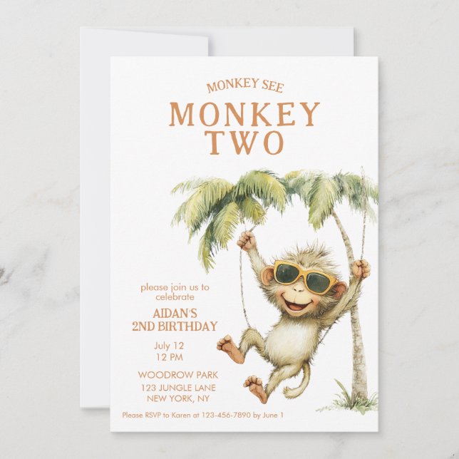 Convites Monkey See Monkey Two Second Birthday (Frente)