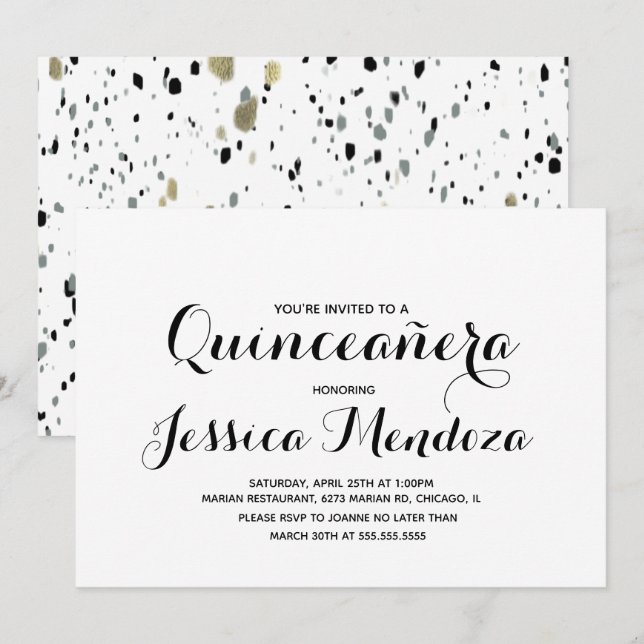 Convites Monocromático Minimalista Dourado Quinceañera Swee (Frente/Verso)