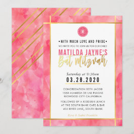 Convites MONOGRAM BAT MITZVAH - banda de ouro rosa-coral