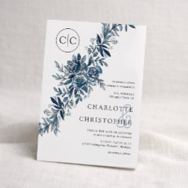 Convites Monogram blue watercolor floral lineart wedding