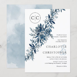 Convites Monogram blue watercolor floral lineart wedding