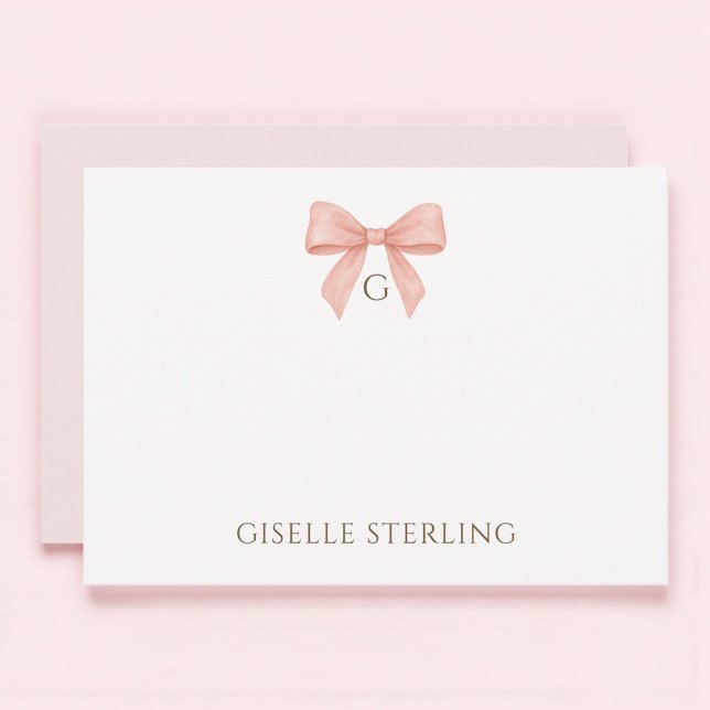 Convites Monogram Blush Pink Bow Watercolor Note Card (Criador carregado)