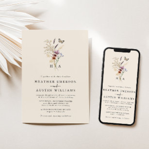 Convites Monogram Boho Floral Wedding Invitation