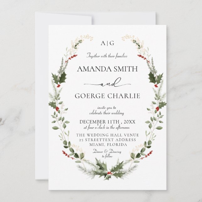 Convites monogram Christmas greenery Winter Photo wedding (Frente)