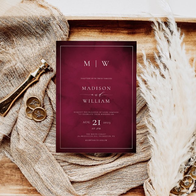 Convites Monogram Elegant Modern Burgundy Wedding (Criador carregado)
