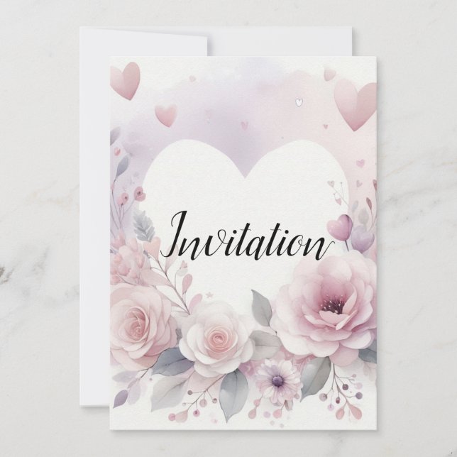 Convites Monogram name floral hearts romantic watercolor  (Frente)